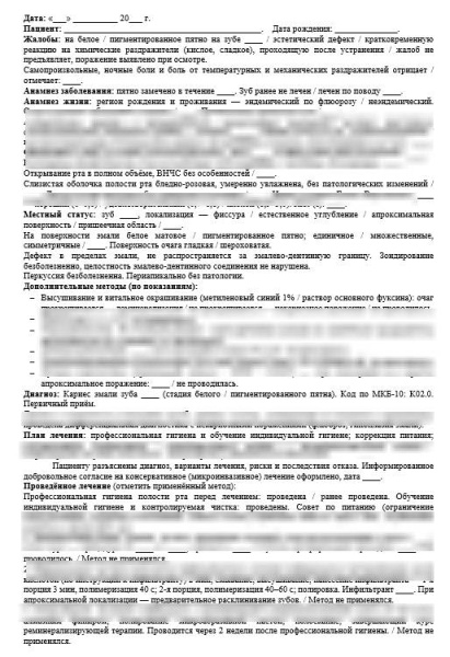 Комплект шаблонов заполнения стоматологических карт